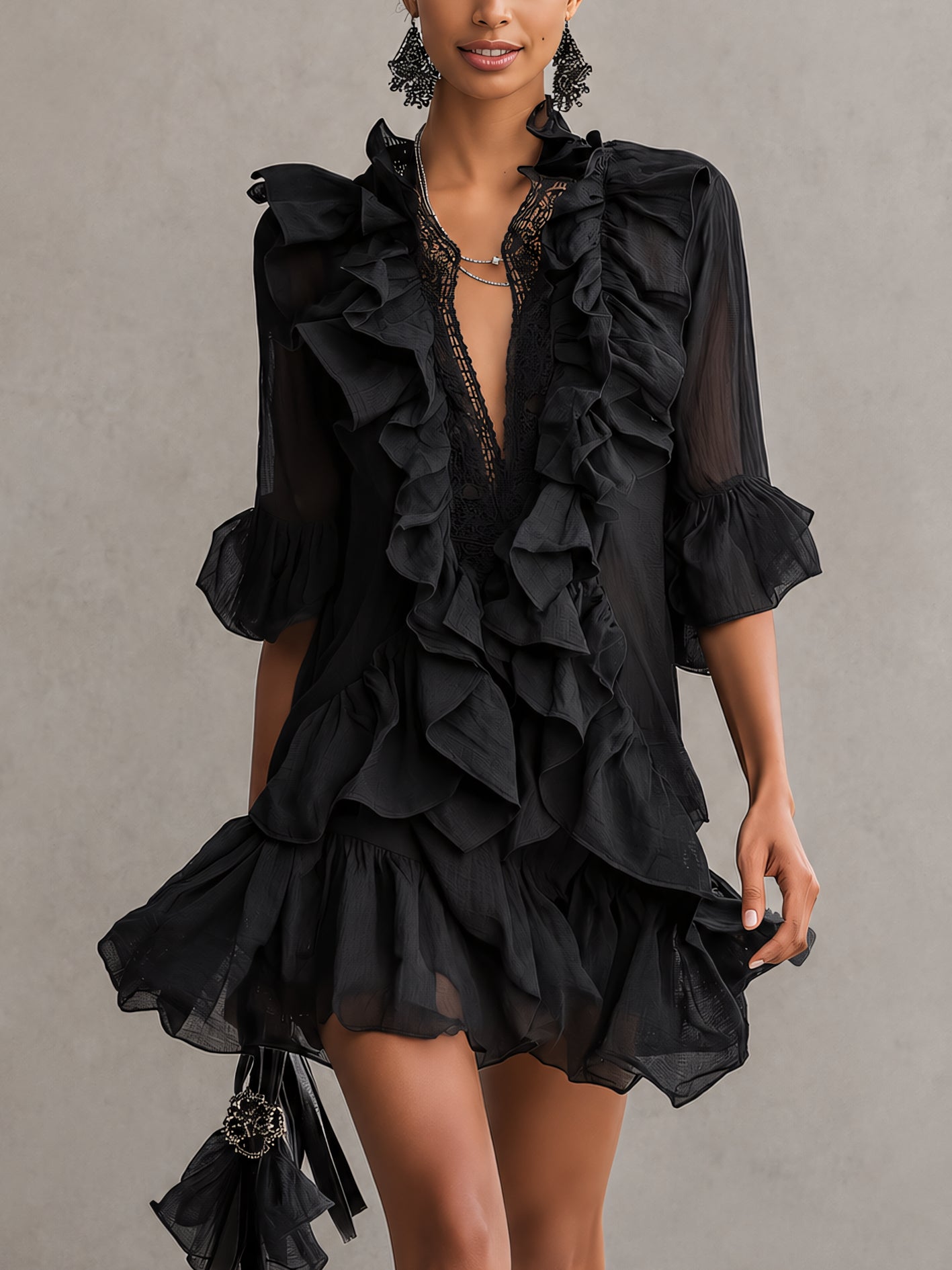 Anaïs zwarte mini-jurk van chiffon met volants