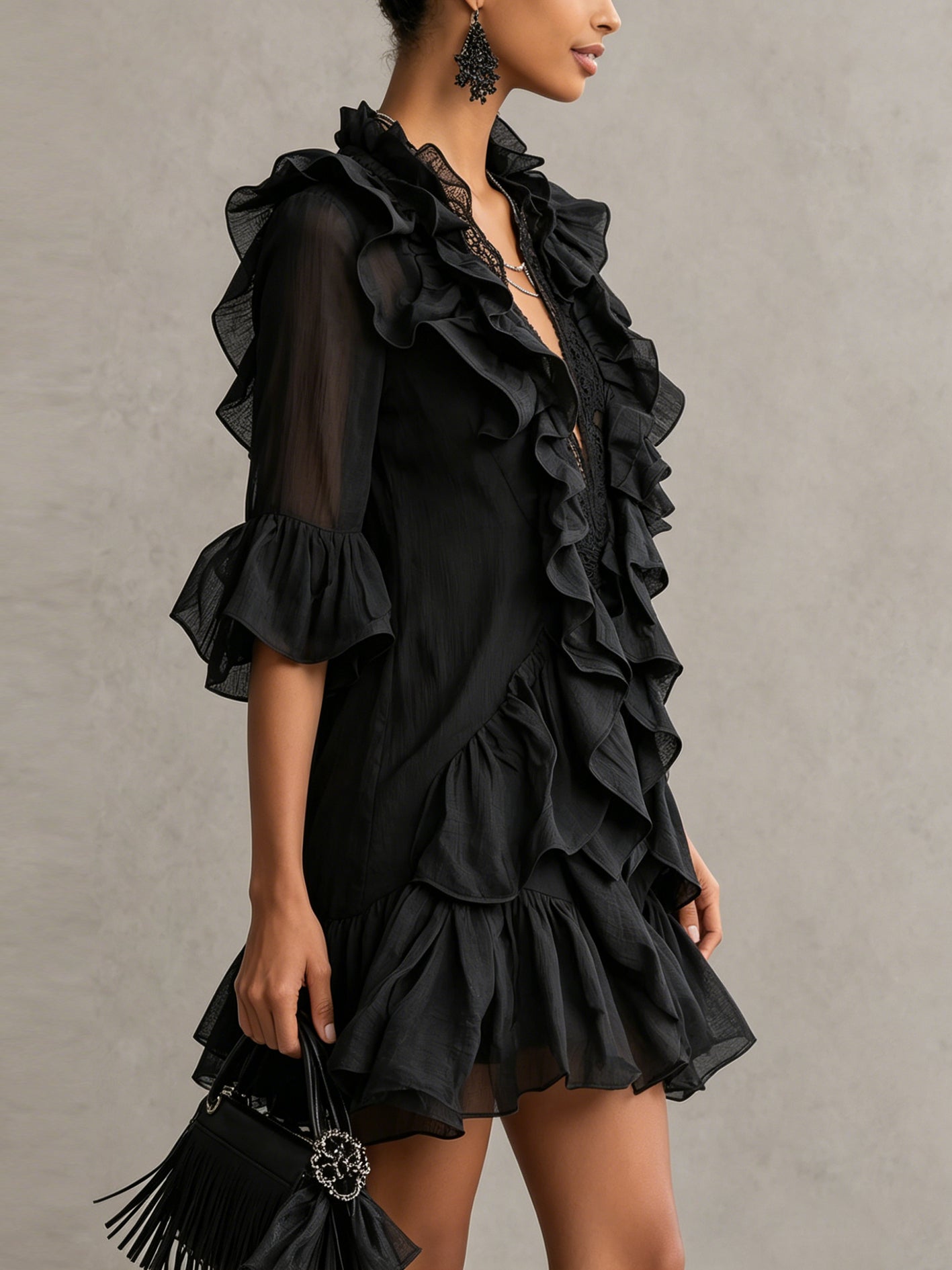 Anaïs zwarte mini-jurk van chiffon met volants