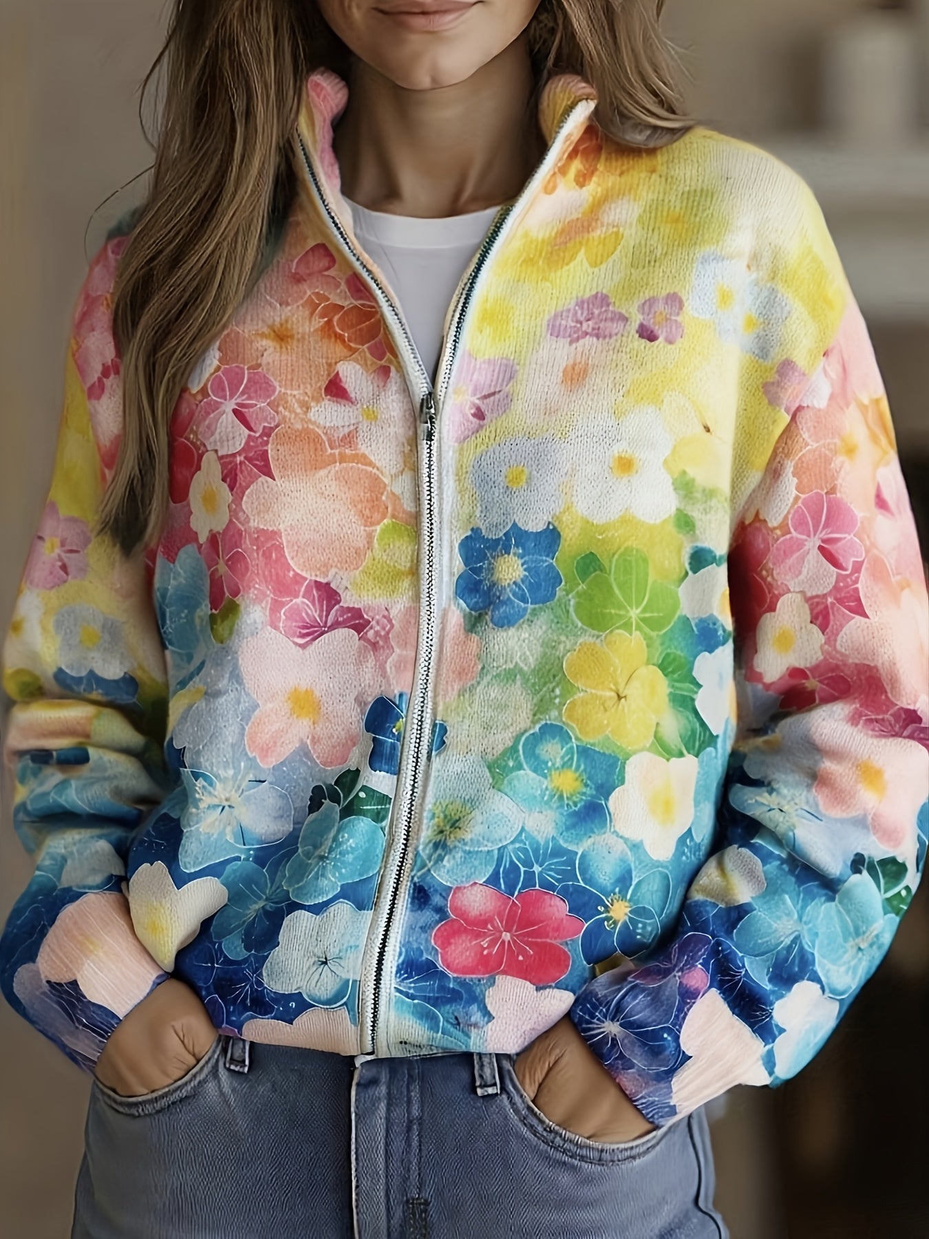 Augusta ritsvest met aquarelbloemen in kleurverloop