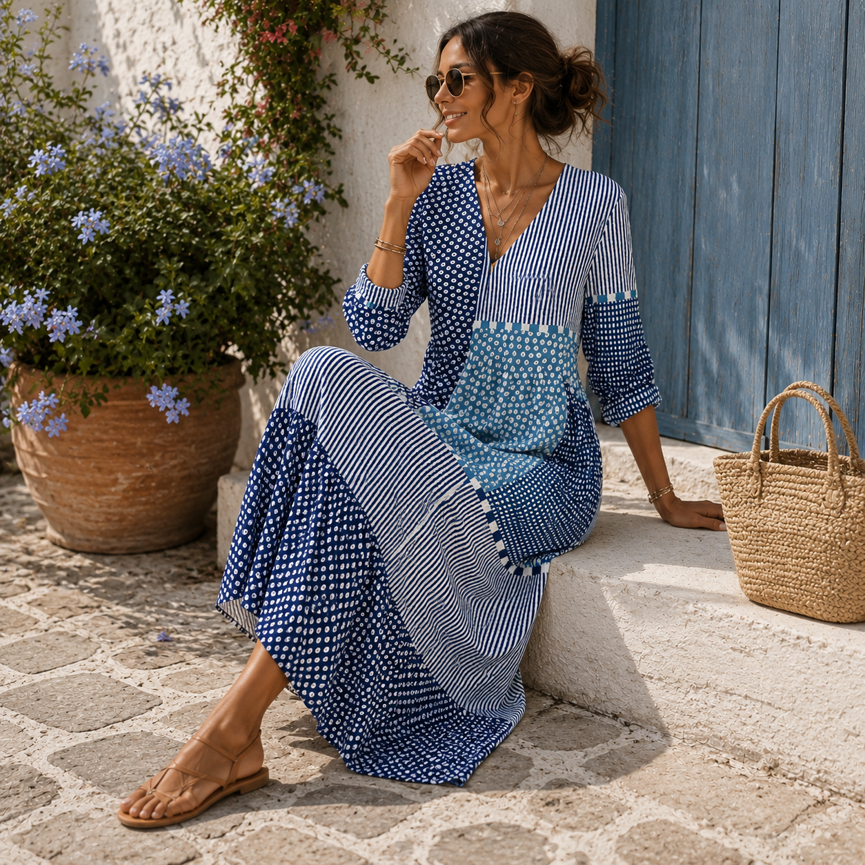 Clemencia | Lange jurk met blauw mozaïek