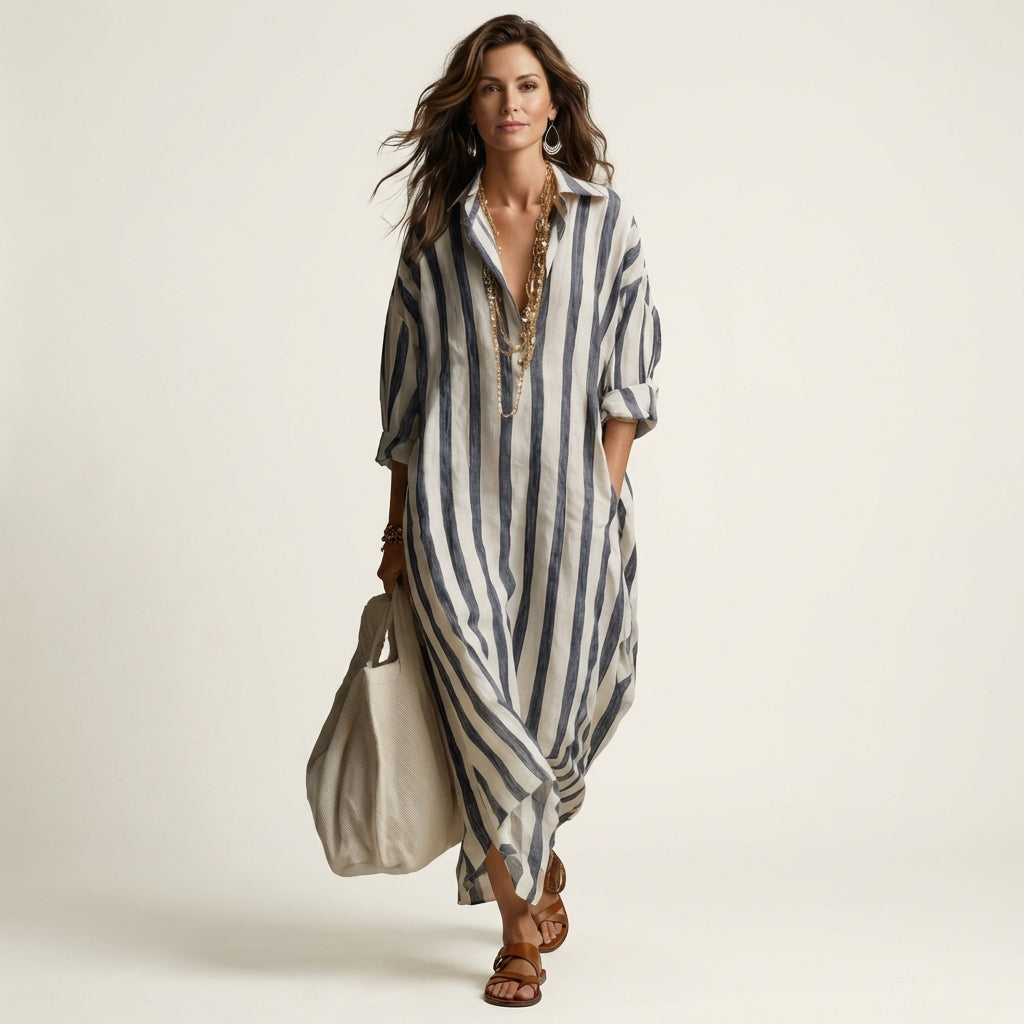 Ankie gestreepte maxi-jurk met revers