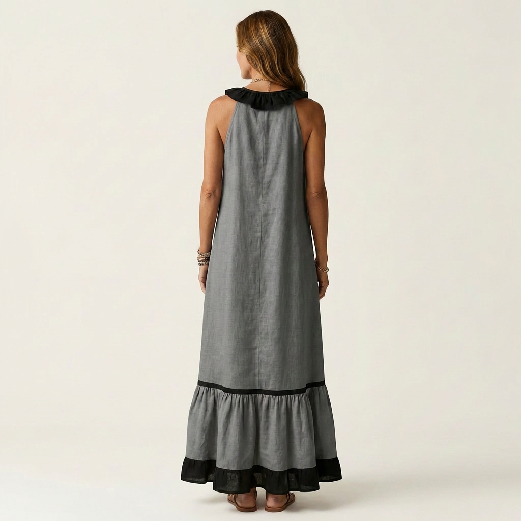 Janke mouwloze maxi-jurk met ruches en contrastbies