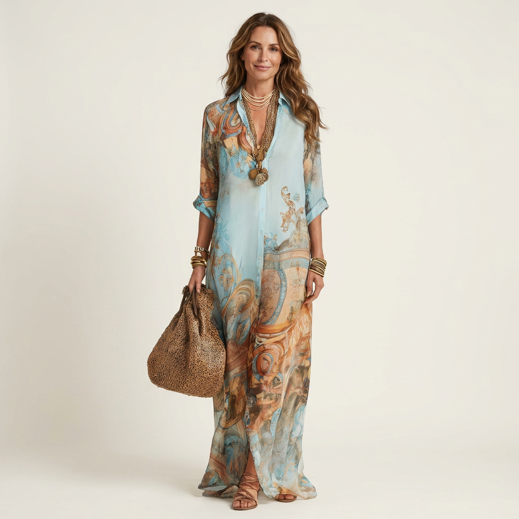 Rosalinde lange blousejurk met barokprint
