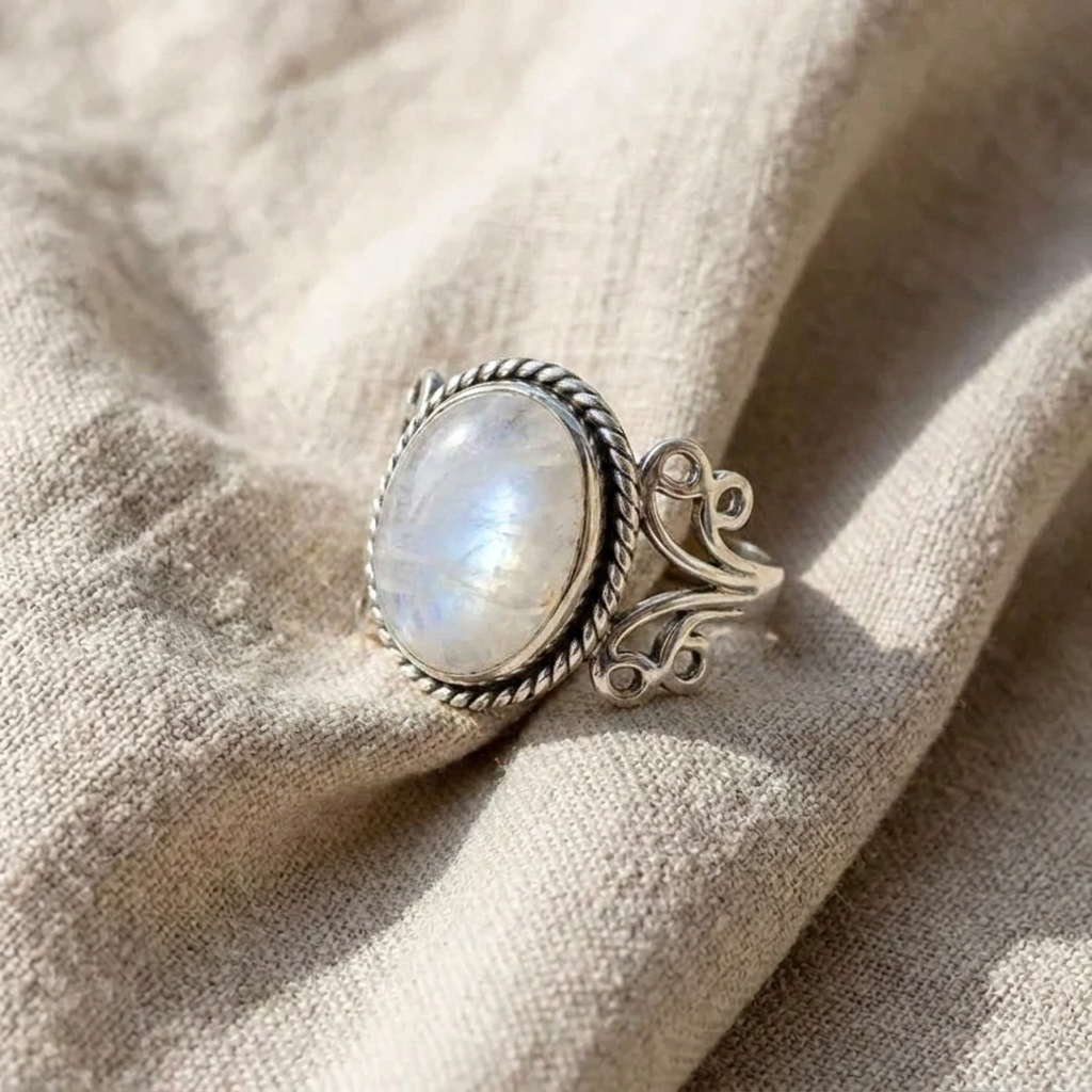 Ring met ovale maansteen en krulband