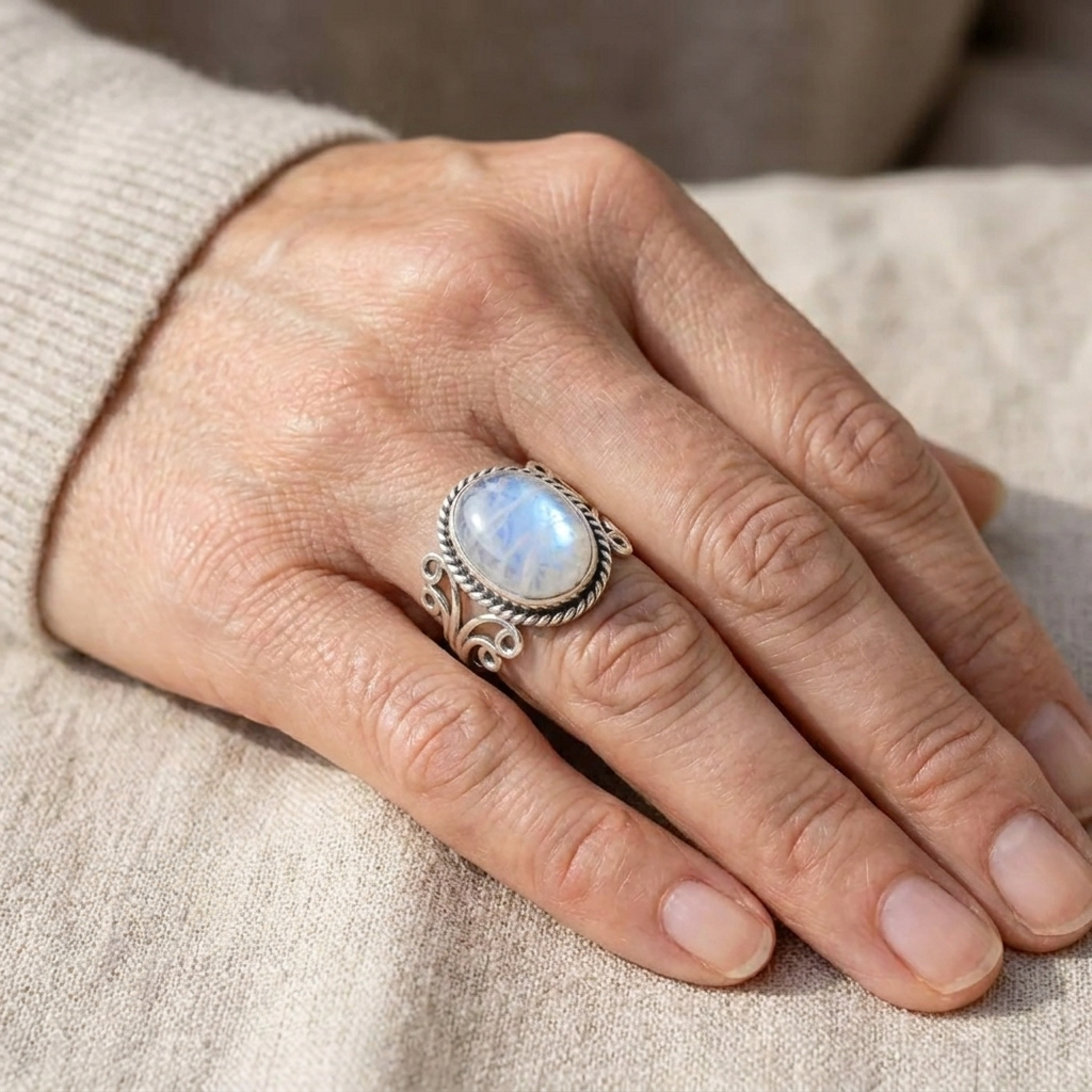Ring met ovale maansteen en krulband