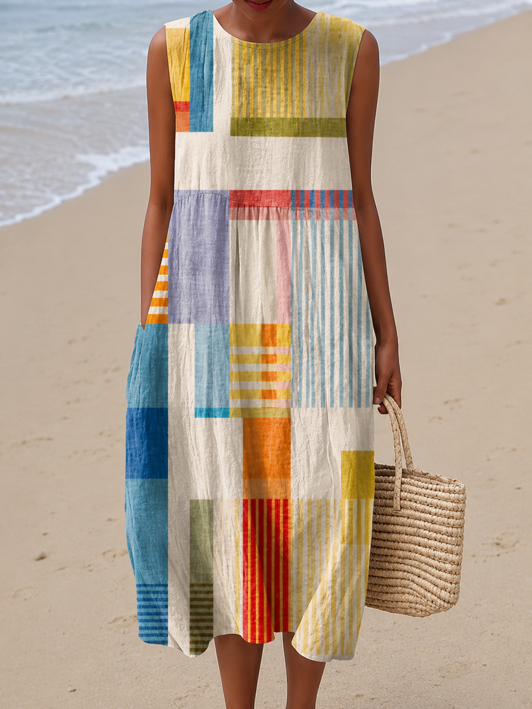 Juno | Geometrische Mouwloze Midi Jurk