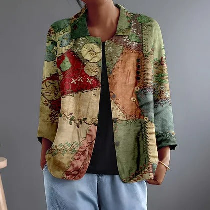 Katalin luchtige blouse met patchworkprint in groen en roest