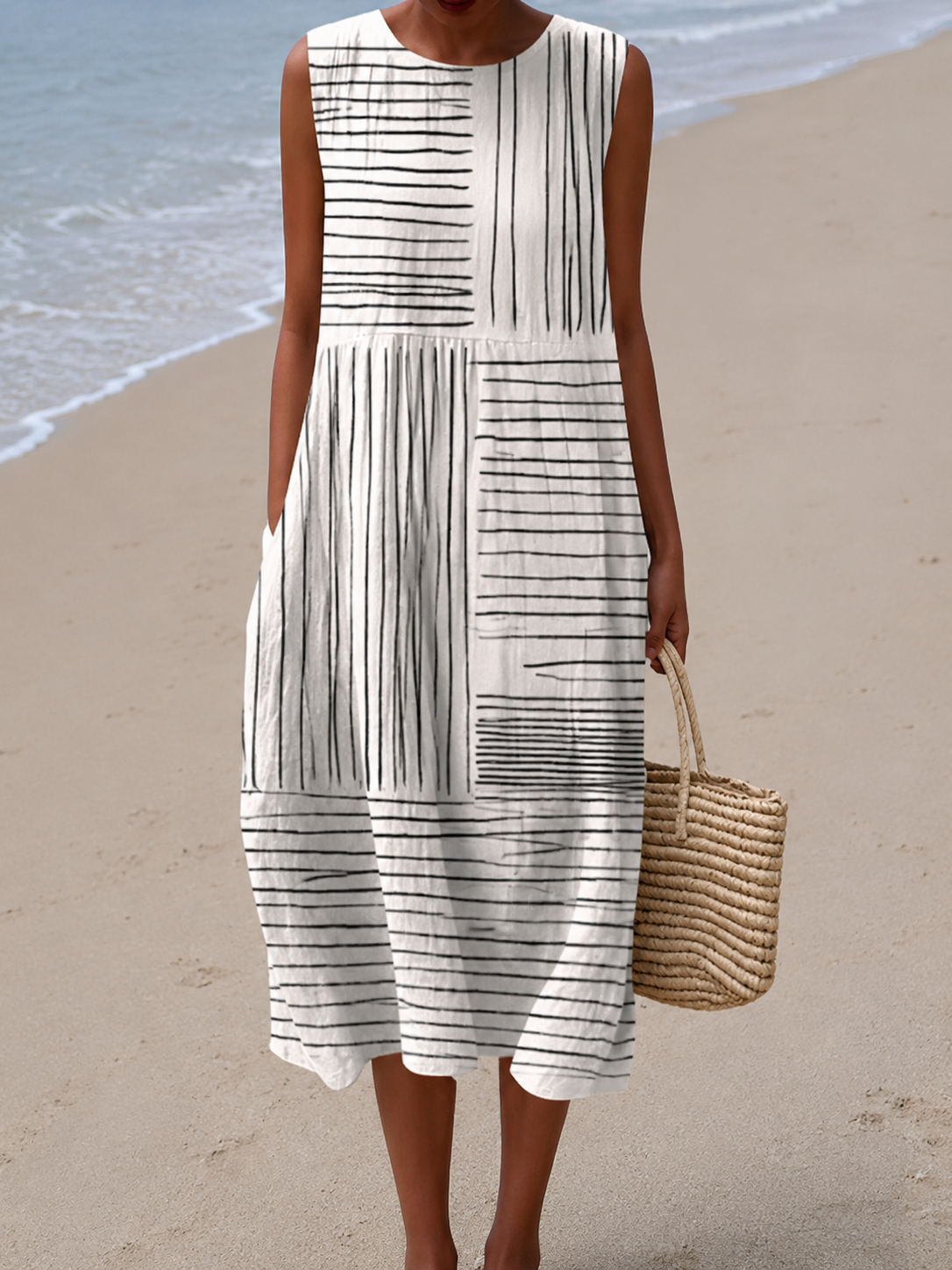 Laurel | Mouwloze Lijnprint Midi Jurk
