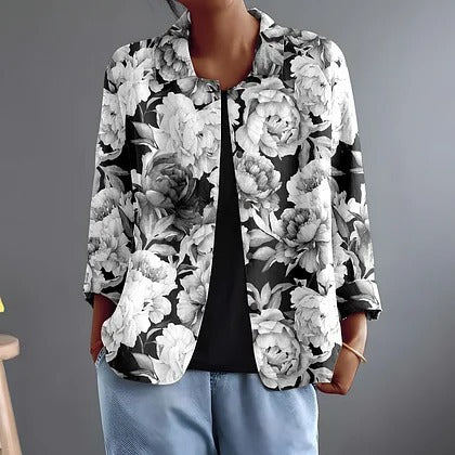 Leontina luchtige blouse met pioenrozen in zwart-wit