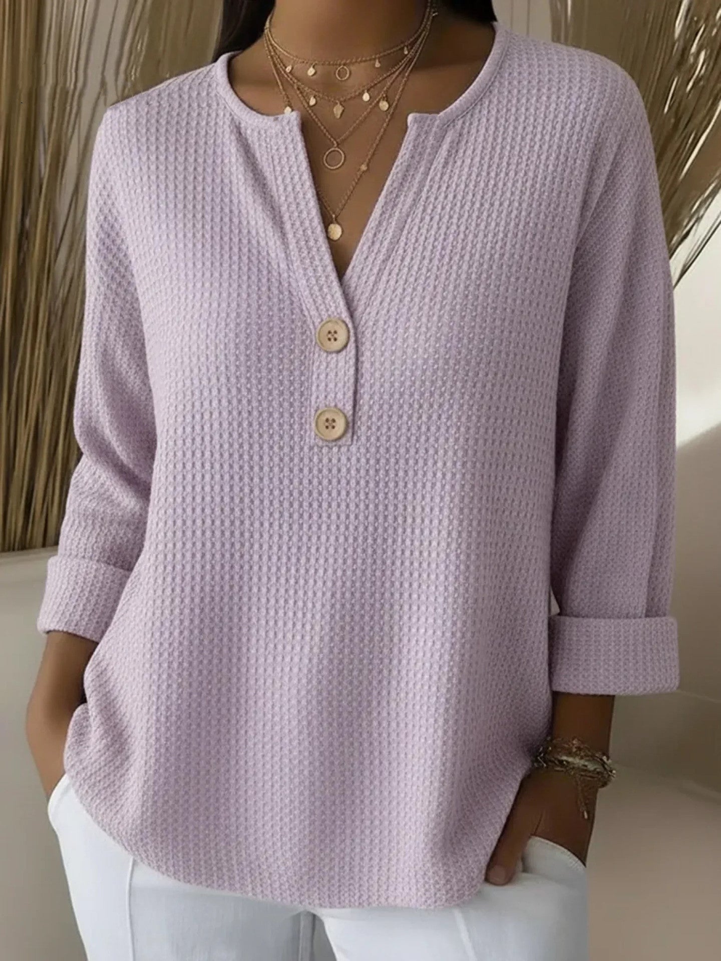 Lucía henley-shirt met wafelstructuur en knopen