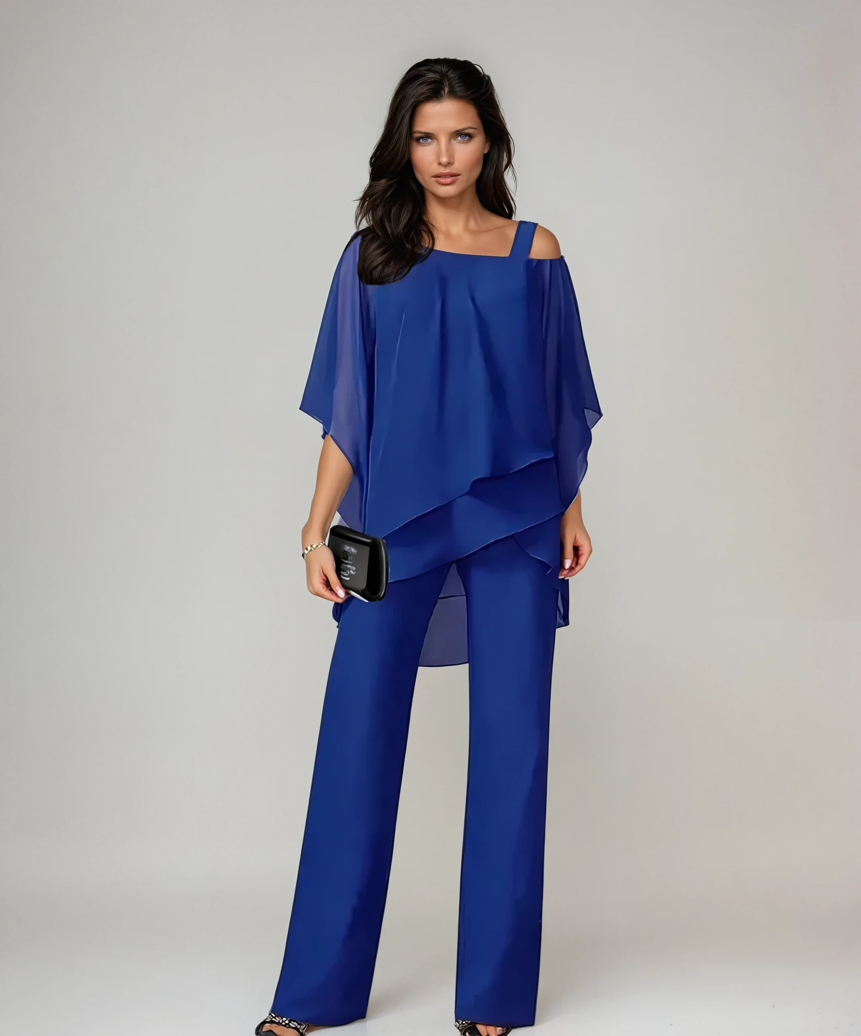 Lucie tweedelige set met asymmetrische ponchotop - kobaltblauw