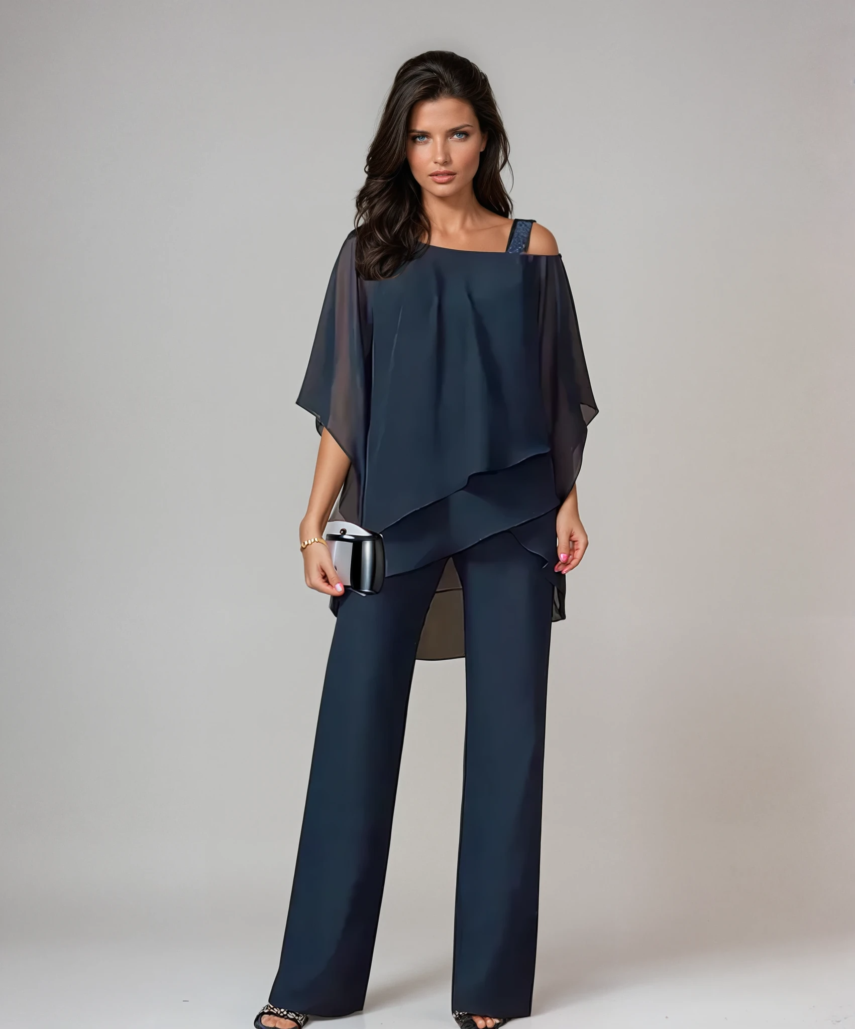 Lucie tweedelige set met asymmetrische ponchotop - marineblauw