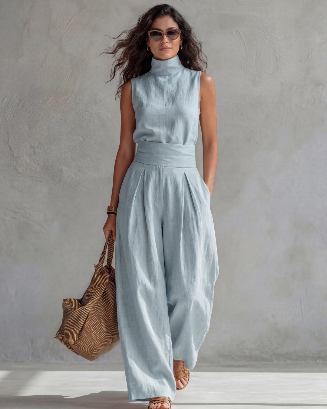 María set met elegante wijde broek en top in lichtblauw