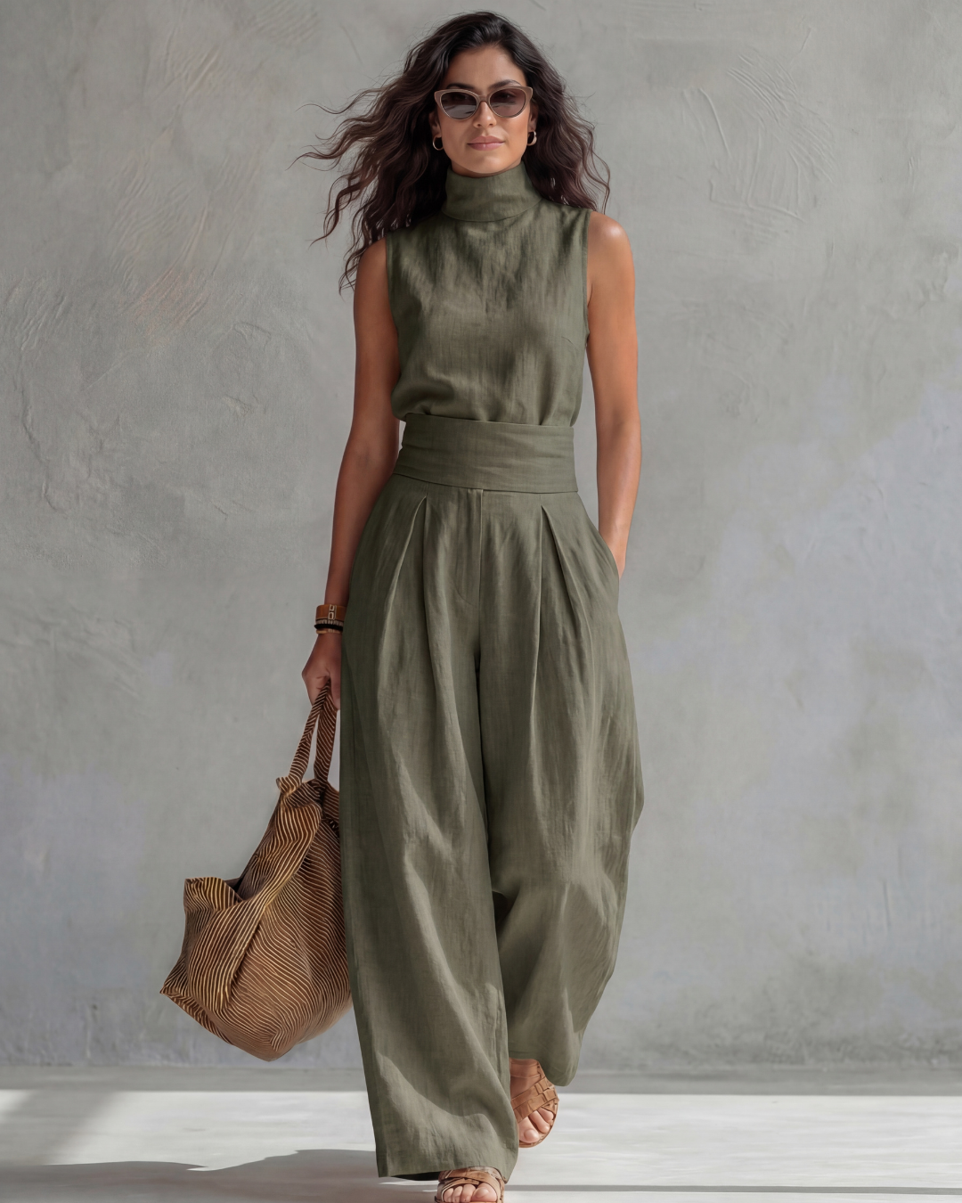 María set met elegante wijde broek en top in olijfgroen
