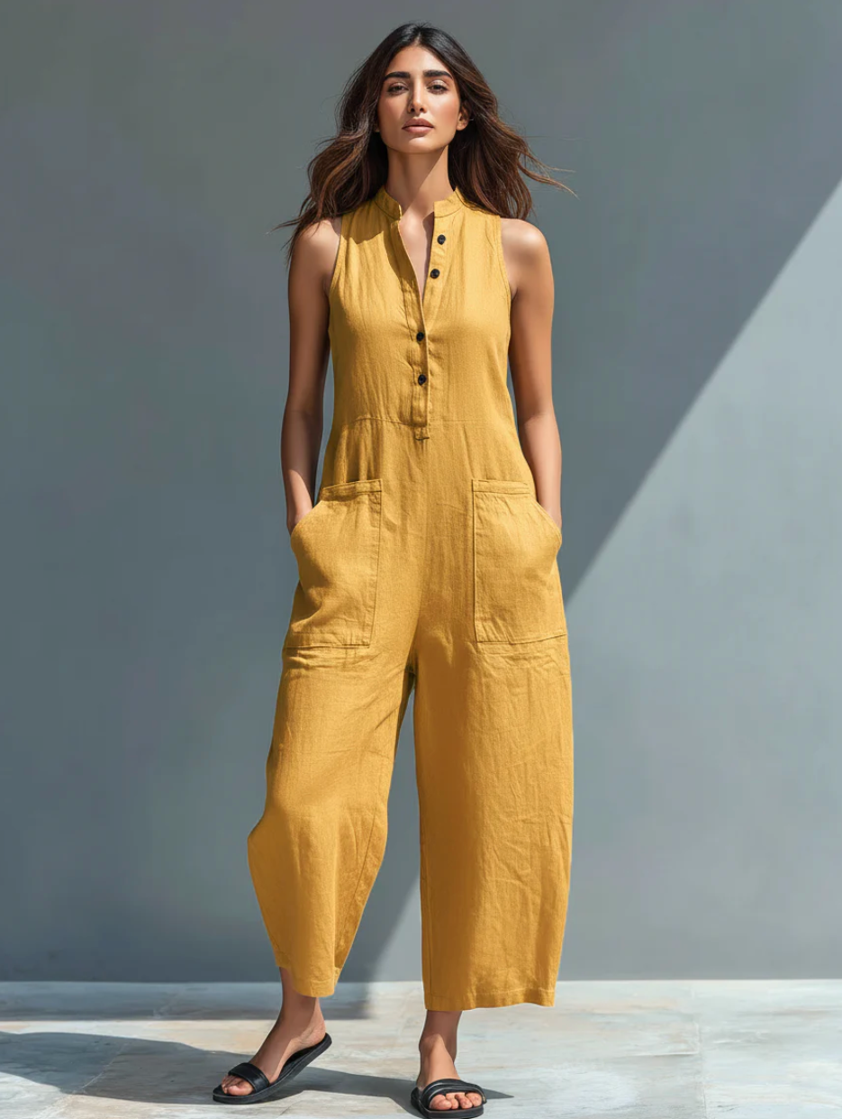Minimalistische mouwloze jumpsuit in okergeel