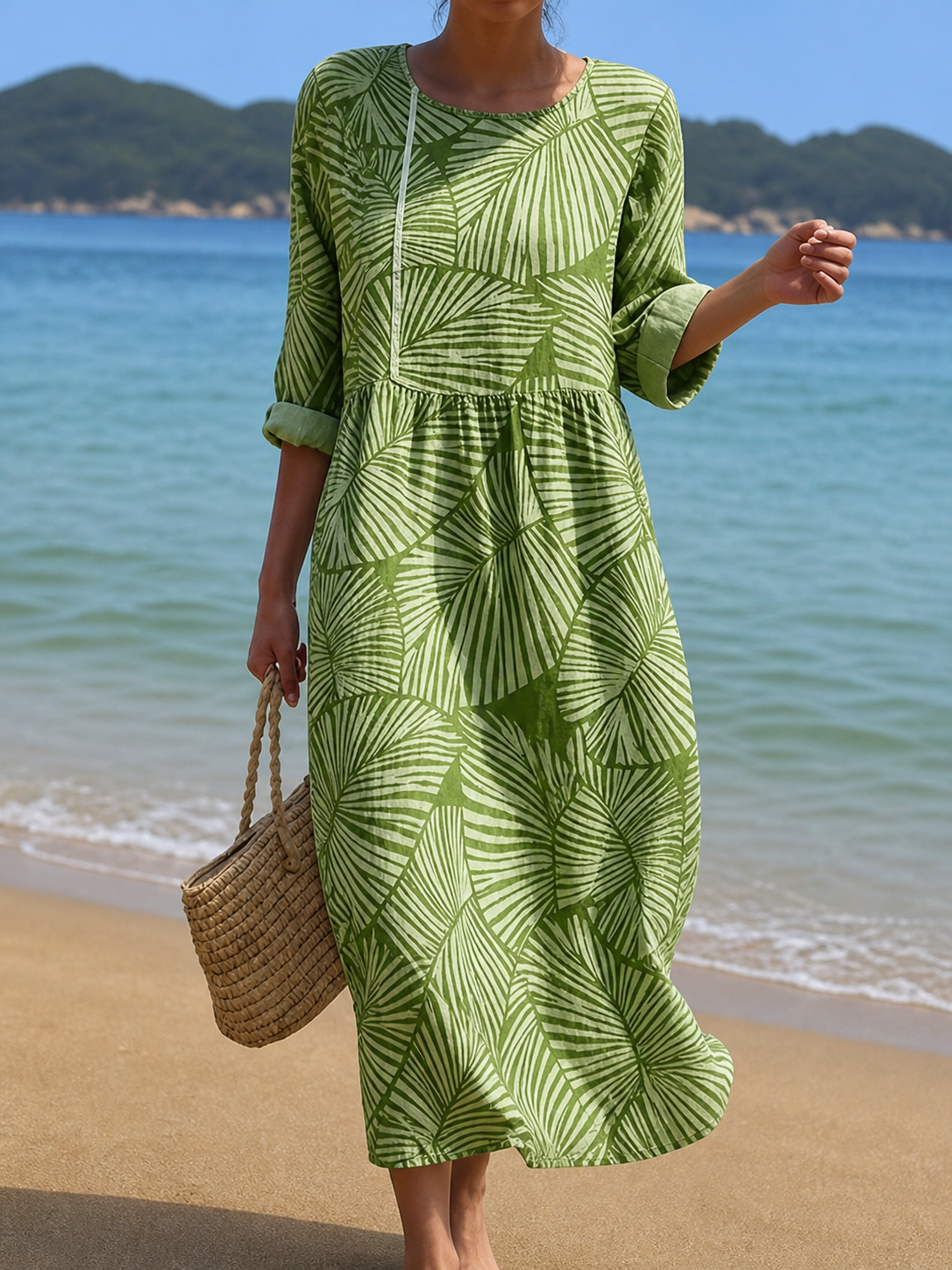 Oda | Groene strandjurk met bladprint