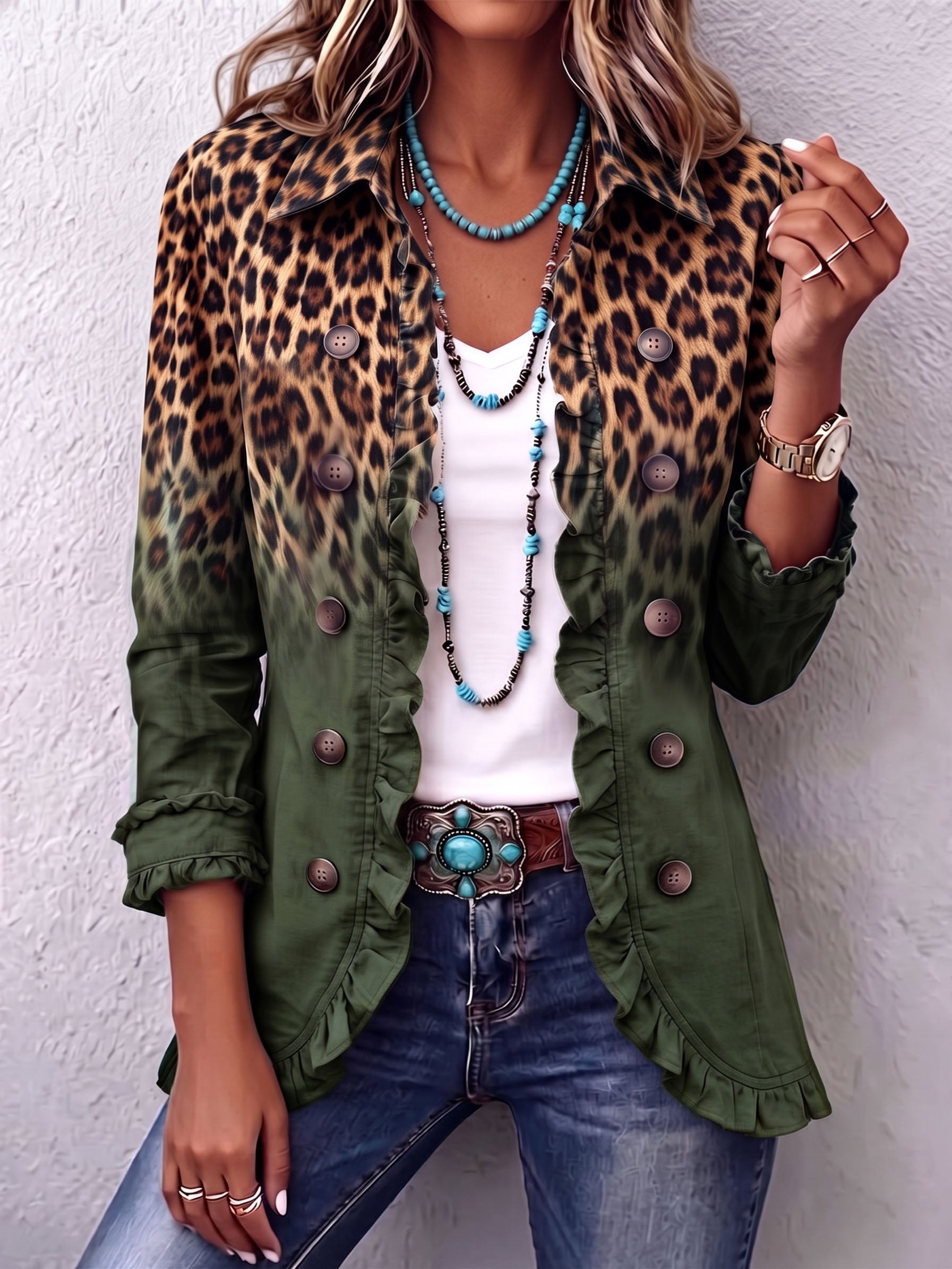 Ramona | Groene Leoparden Blazer met Volants