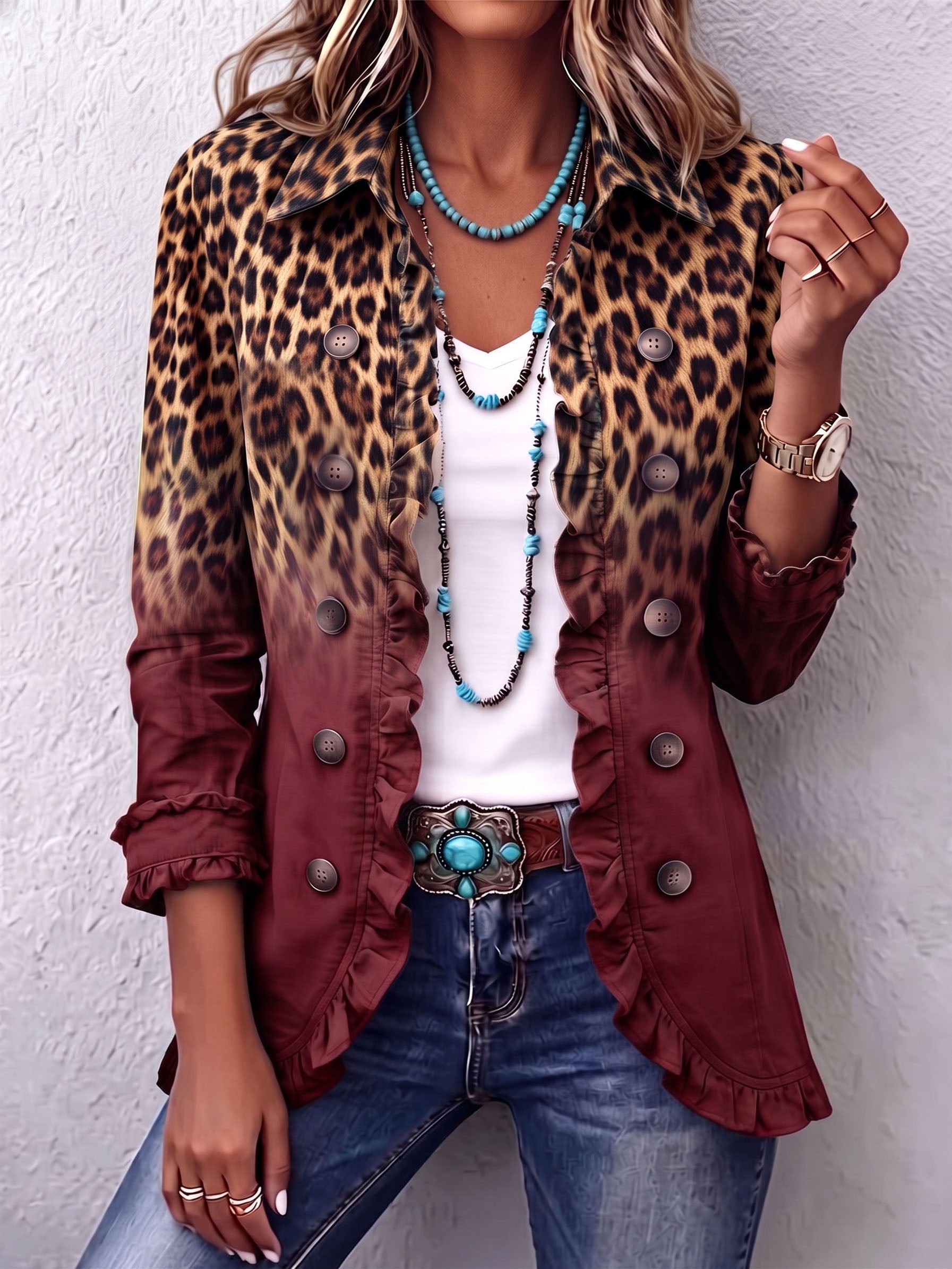 Tomasa | Blazer Jacket met Leopardenprint in Wijnrood met Volants