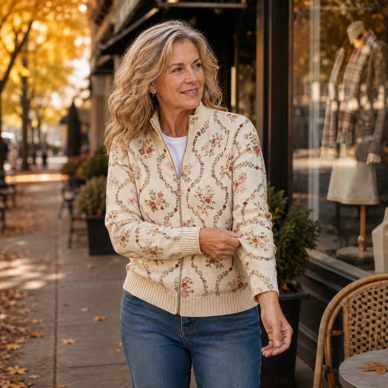 Persephone vest met fijne bloemenrank op crème