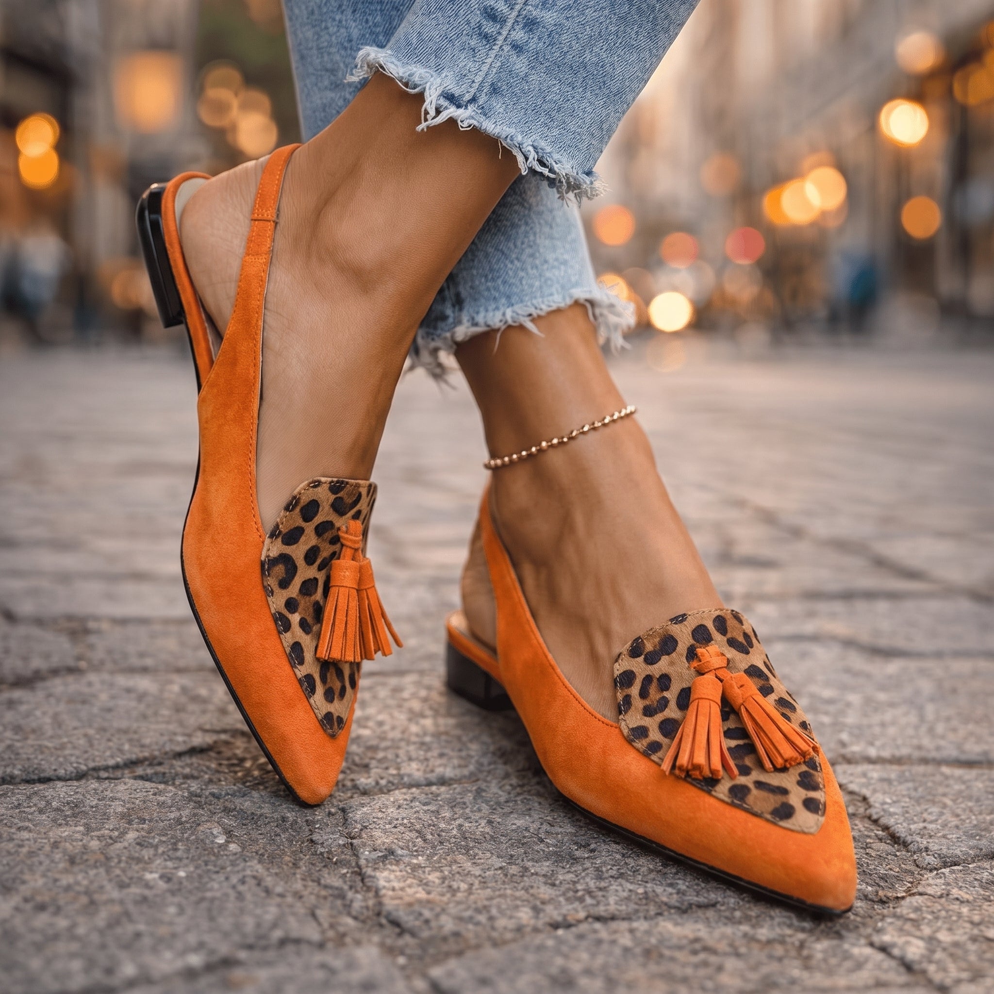 Roelie sandalen in oranje met luipaardprint