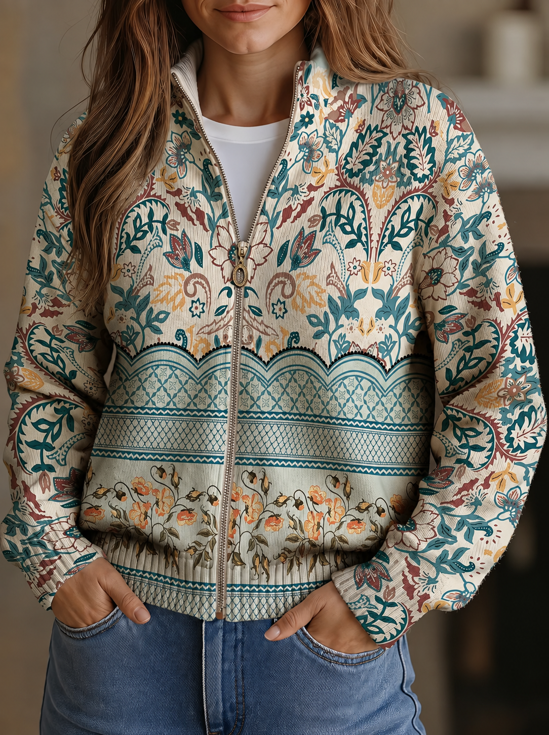 Sybilla vest met vintage botanische randprint