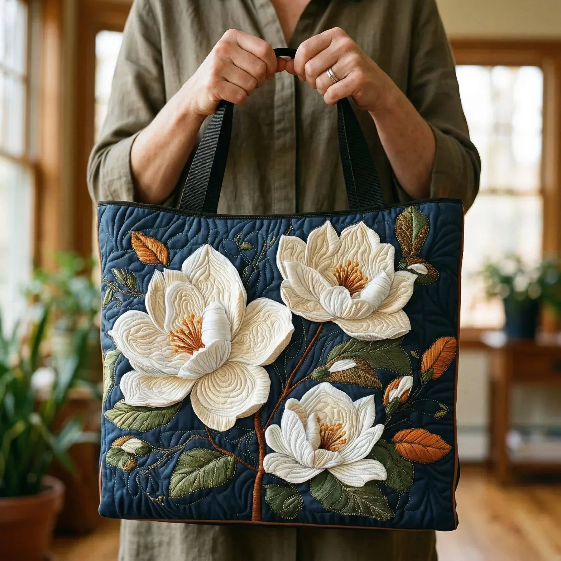 Ambachtelijke doorgestikte tas - Fijne magnolia