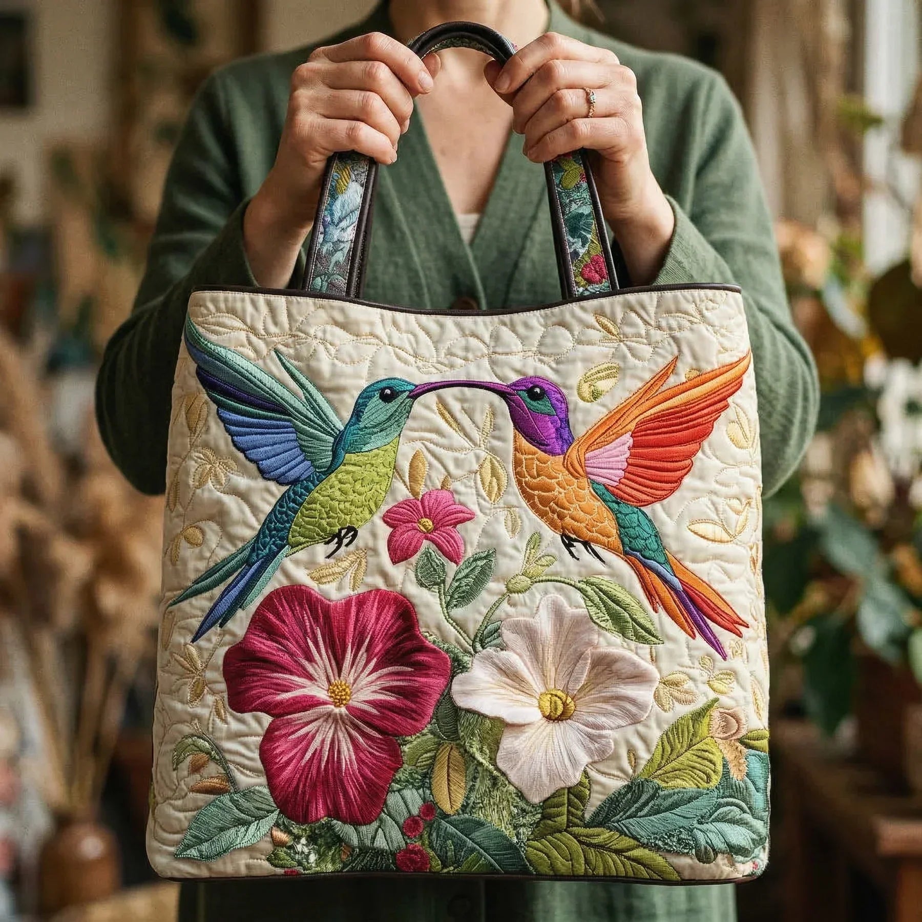 Doorgestikte tas - Kolibrie en witte bloemen