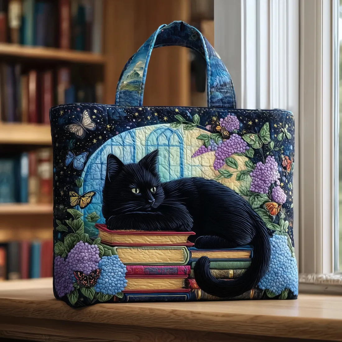 Ambachtelijke tas - Zwarte kat op boeken