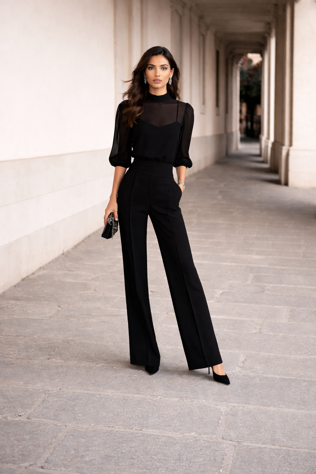 Valentina driedelige set met transparante camisole en wijde broek