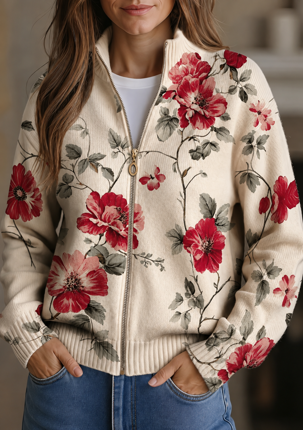 Wilhelmine ritsvest met vintage rozenprint