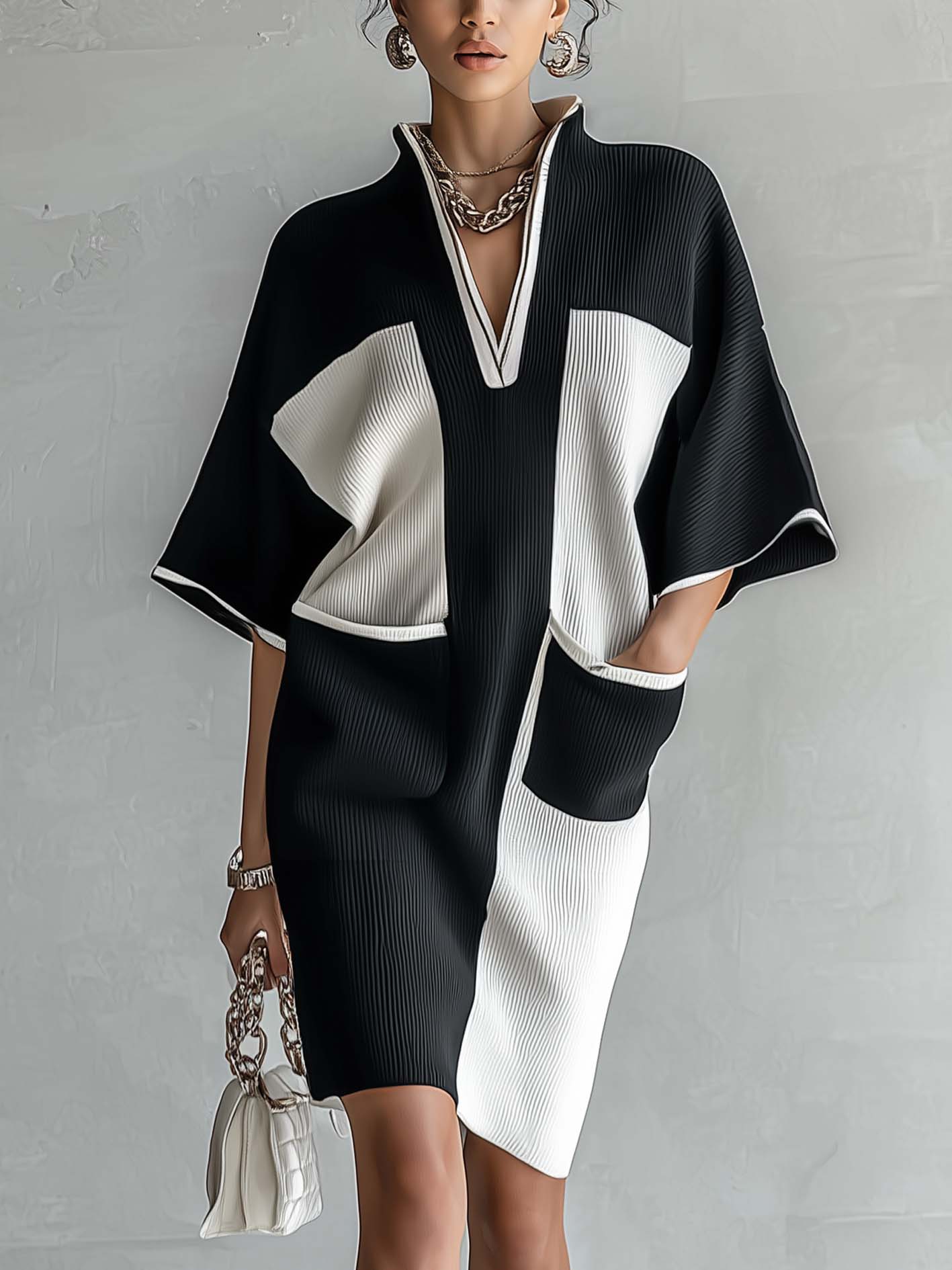 Zwart-witte midi-jurk in colorblock met vleermuismouwen